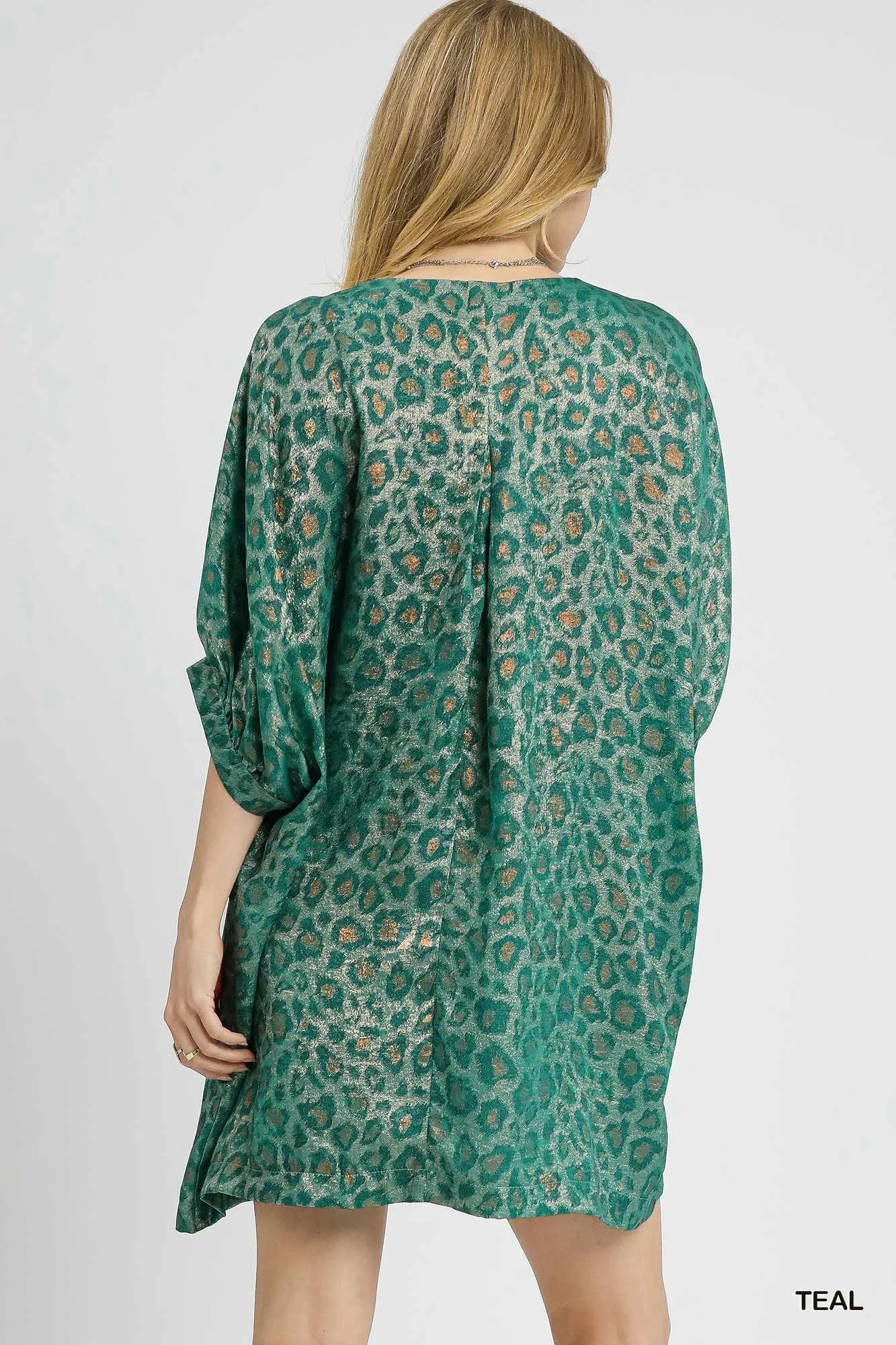 Image of Umgee Metallic Leopard Print V-Neck Kimono Dress | Queeble.shop