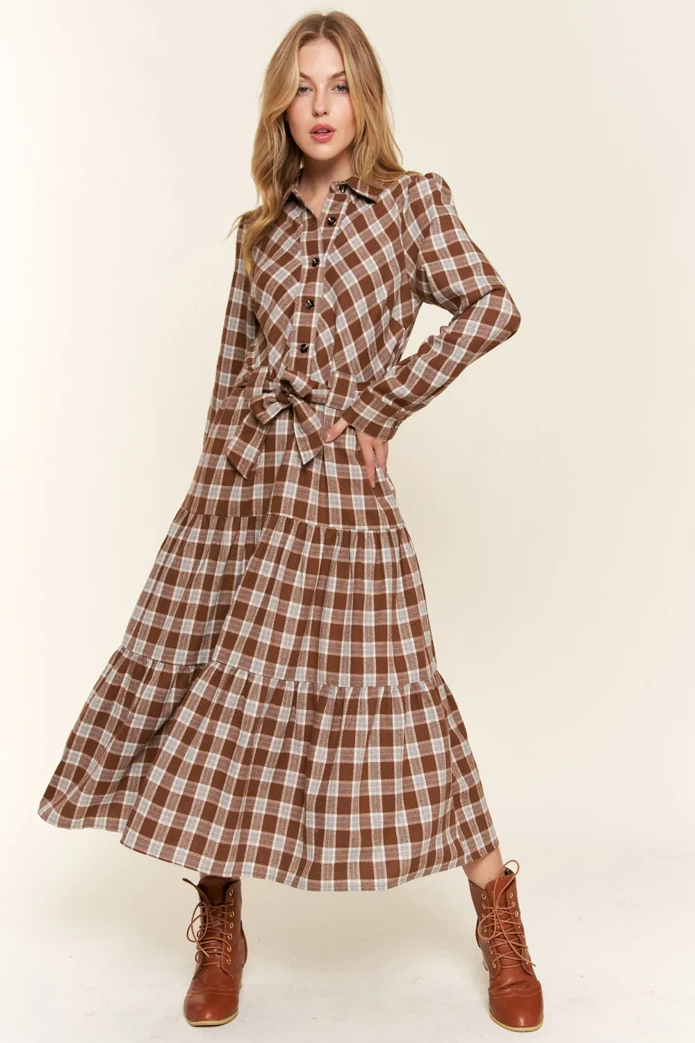 Image of And the Why Plaid Tiered Midi Shirt Dress | Queeble.shop
