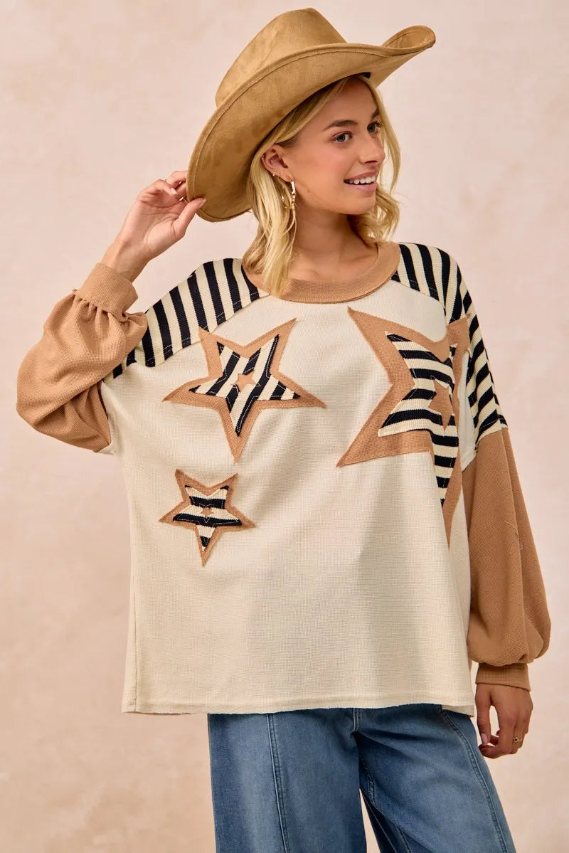 Image of BiBi Star Patchwork Mixed Long Sleeve Top | Queeble.shop