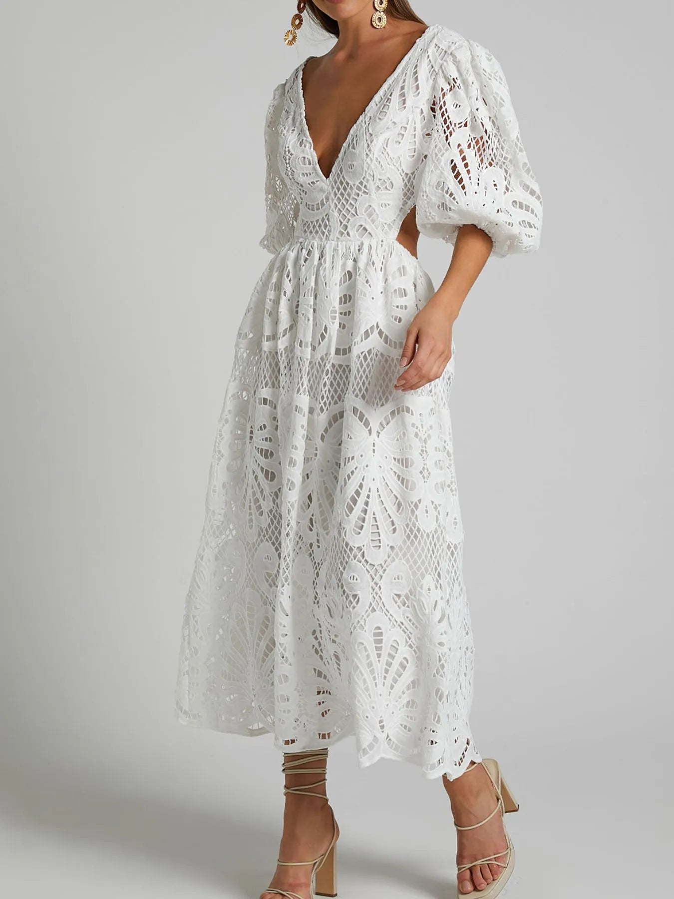Image of Cutout Back Lace Crochet V-Neck Dress | Queeble.shop