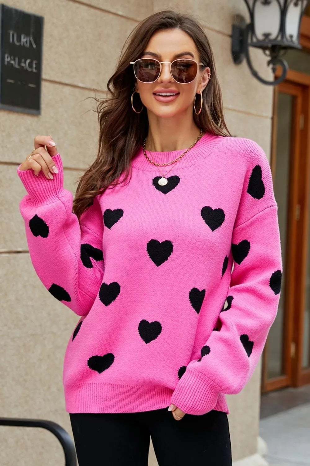 Image of Woven Right Heart Pattern Lantern Sleeve Round Neck Tunic Sweater | Queeble.shop