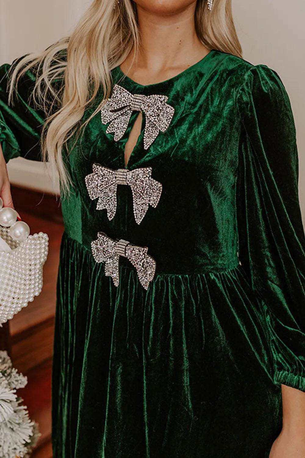 Image of Velvet Bow Front Balloon Sleeve Dress | Queeble.shop
