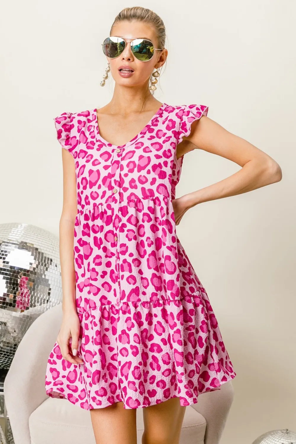 Image of BiBi Leopard Cap Sleeve Tiered Mini Dress | Queeble.shop