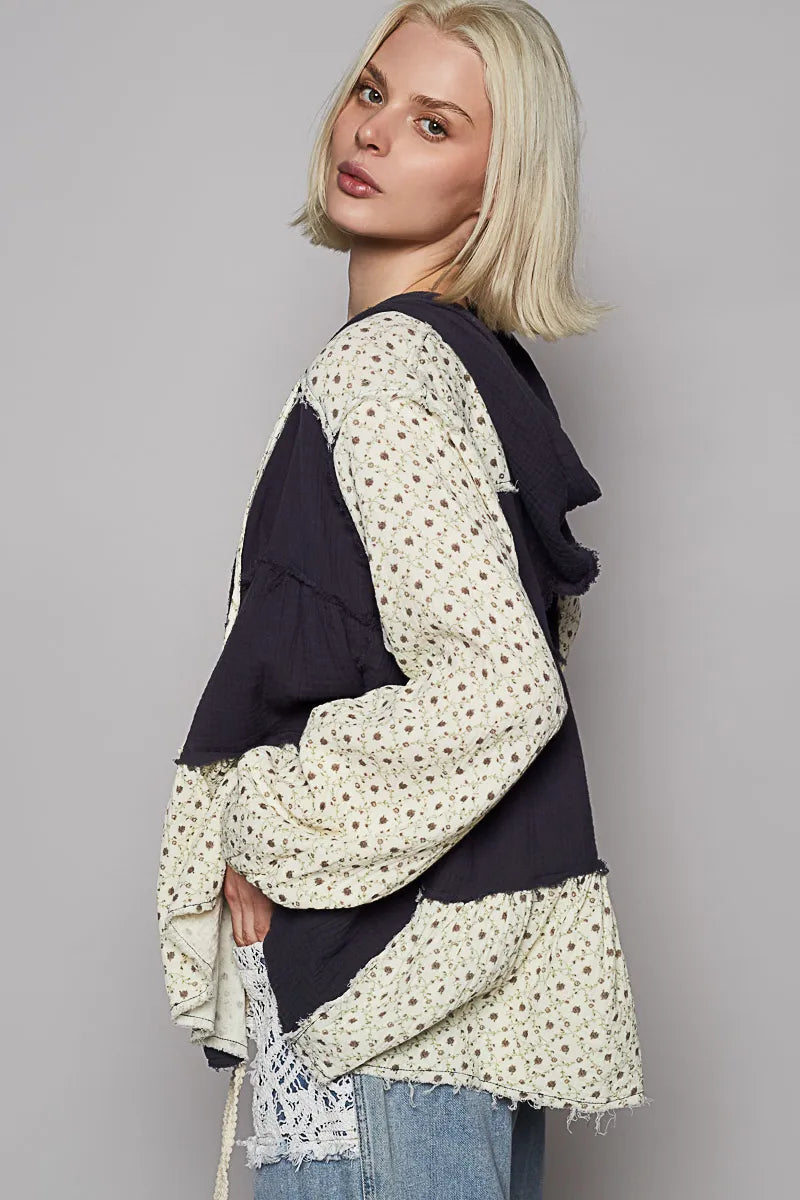 Image of POL Color Block Printed Frayed Hem Hooded Shacket | Queeble.shop