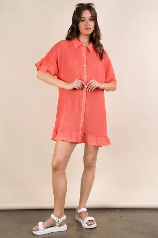 Image of VERY J Pleated Detail Button Down Mini Dress | Queeble.shop