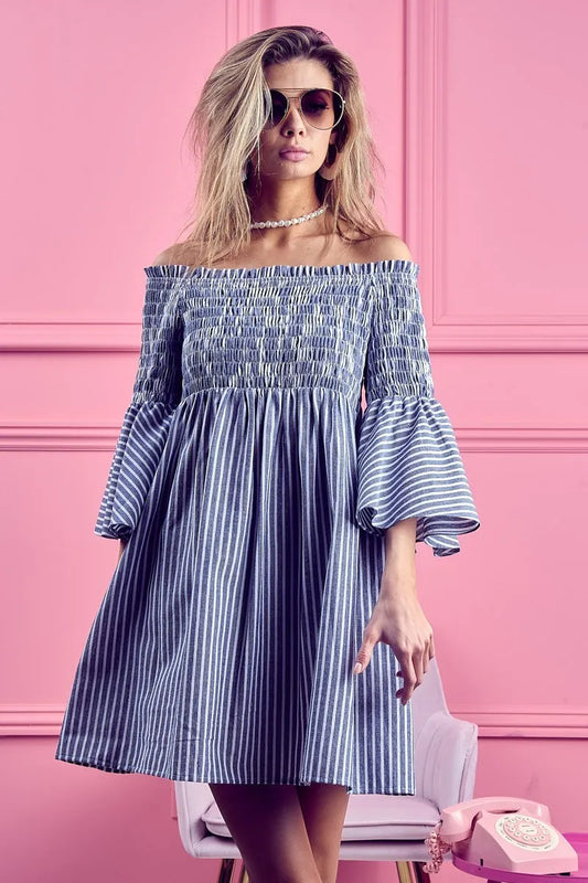 Image of BiBi Smocked Off Shoulder Striped Dress | Queeble.shop