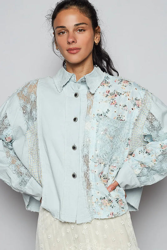 Image of POL Floral Long Sleeve Shirt with Lace Panel Details | Queeble.shop