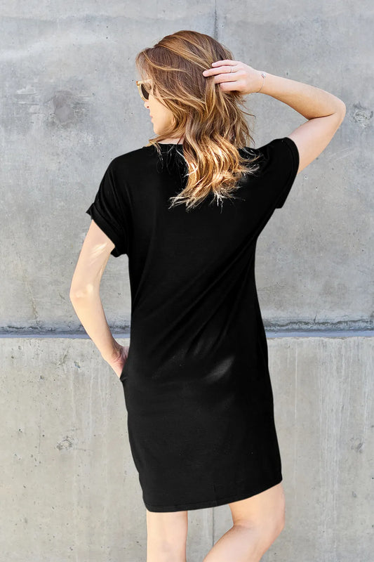 Image of Basic Bae Bamboo Full Size Round Neck Short Sleeve Dress with Pockets | Queeble.shop