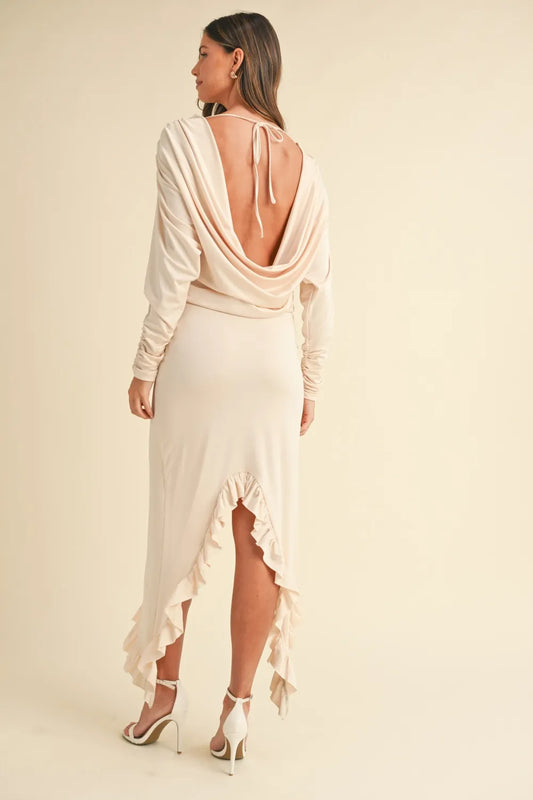 Image of Mable Backless Asymmetric Ruffle Hem Dress | Queeble.shop