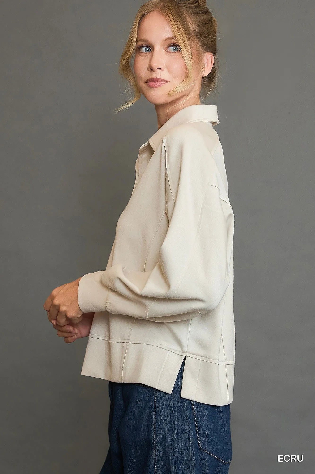 Image of Umgee Collared Neck Long Sleeve Top with Raw Hem Detail | Queeble.shop