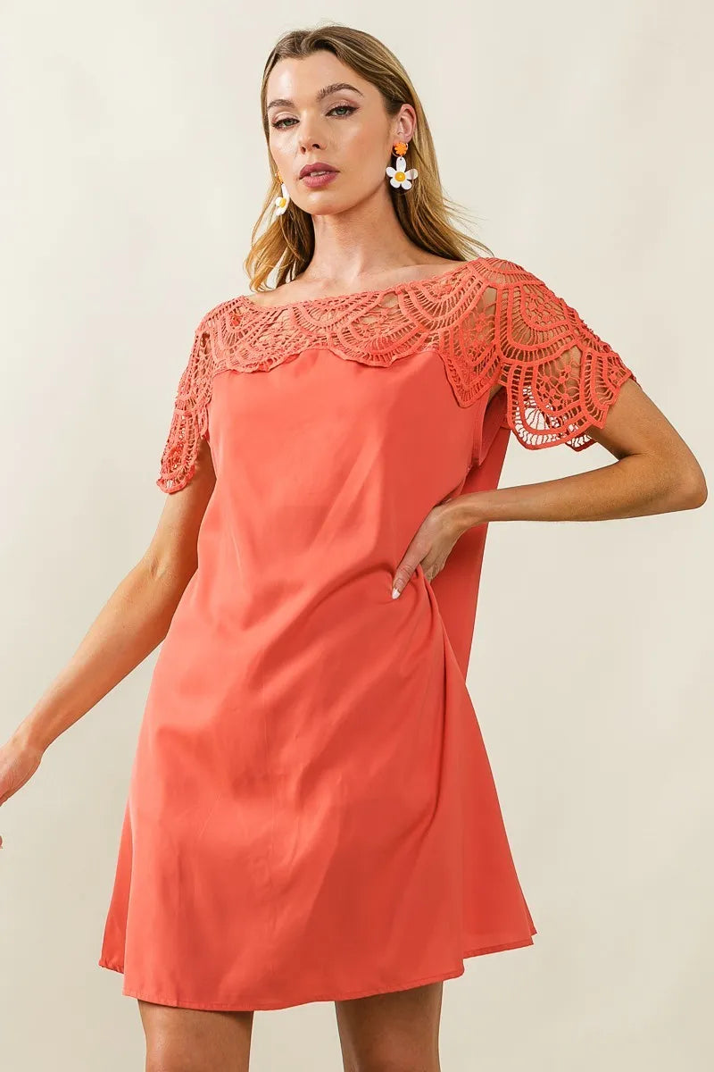Image of BiBi Crochet Lace Yoke Detailed Wrinkled Dress | Queeble.shop