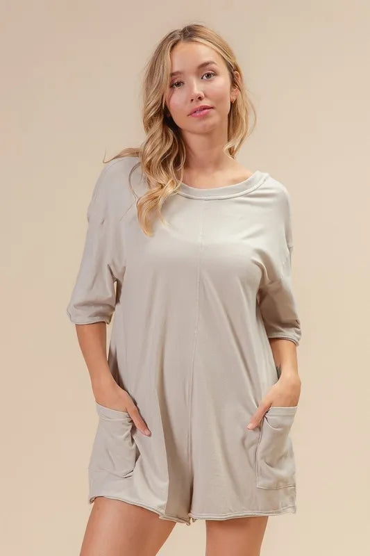 Image of BiBi Short Sleeve Back Open Washed Romper | Queeble.shop