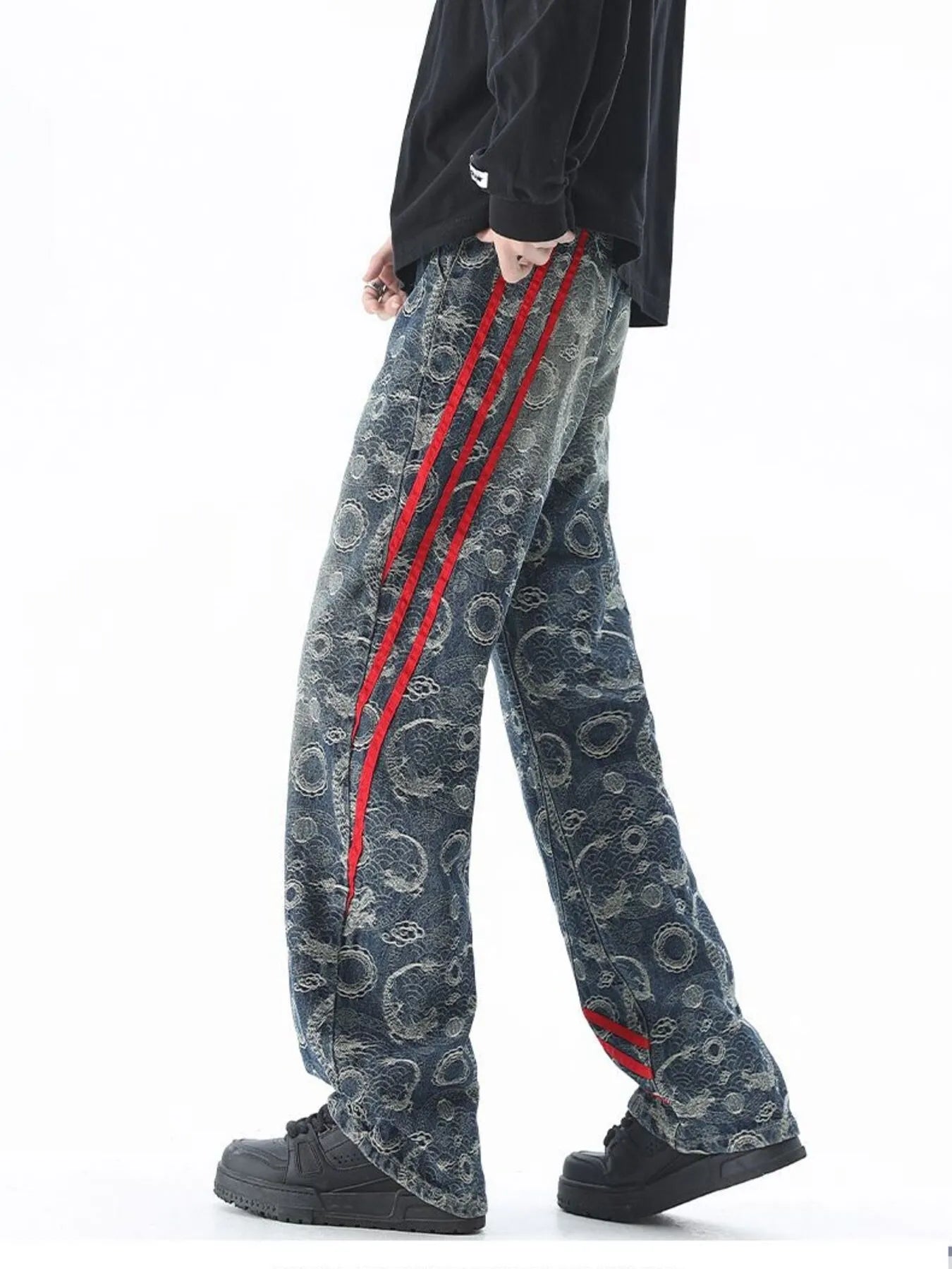 Image of Men's Plus Size Contrast Striped Wide Leg Jeans | Queeble.shop