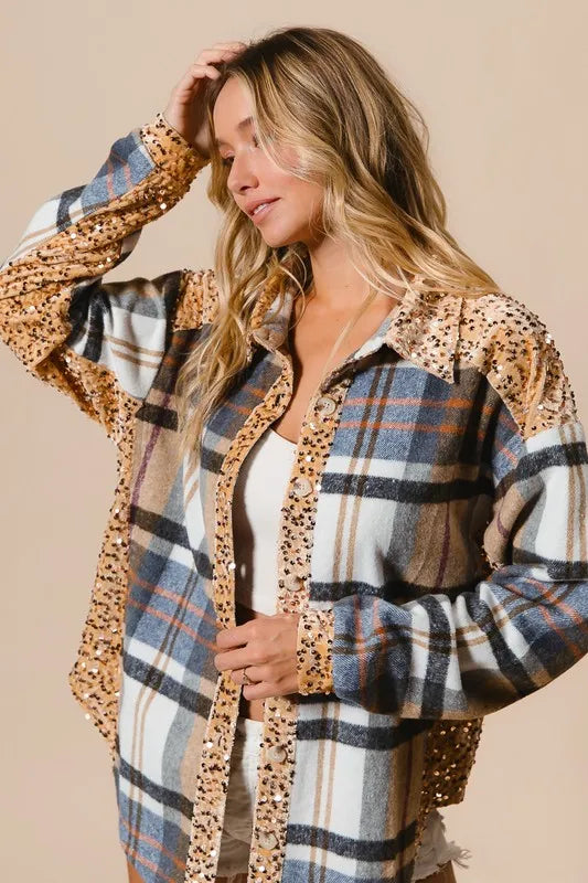 Image of BiBi Curved Hem Sequin Plaid Button Up Shacket | Queeble.shop