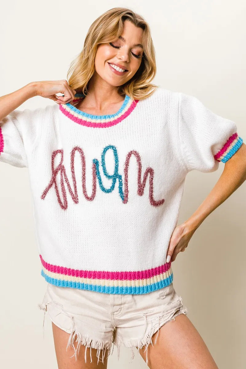 Image of BiBi Metallic Letter Short Puff Sleeve Sweater | Queeble.shop