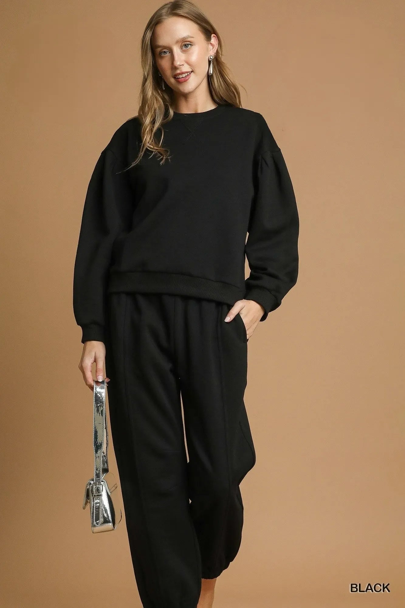 Image of Umgee Round Neck Sweatshirt with Pleated Detail | Queeble.shop
