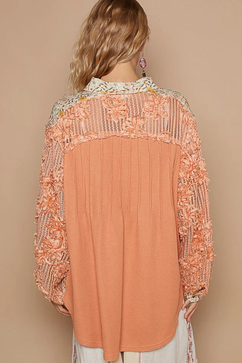 Image of POL Floral Half Button Lace Detail Long Sleeve Top | Queeble.shop