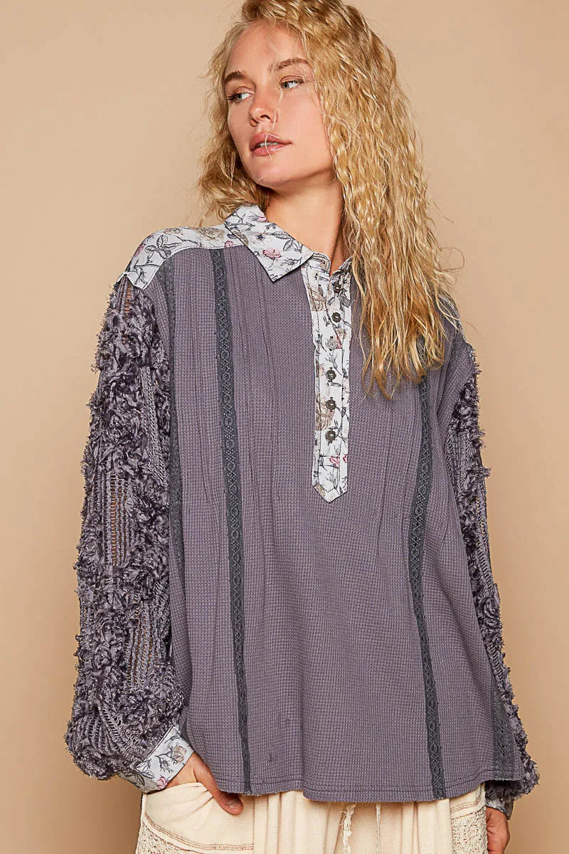 Image of POL Floral Half Button Lace Detail Long Sleeve Top | Queeble.shop