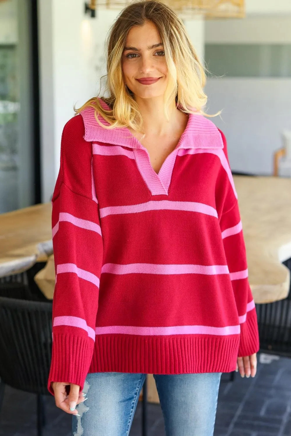 Image of Haptics Collared Neck Striped Contrast Sweater | Queeble.shop