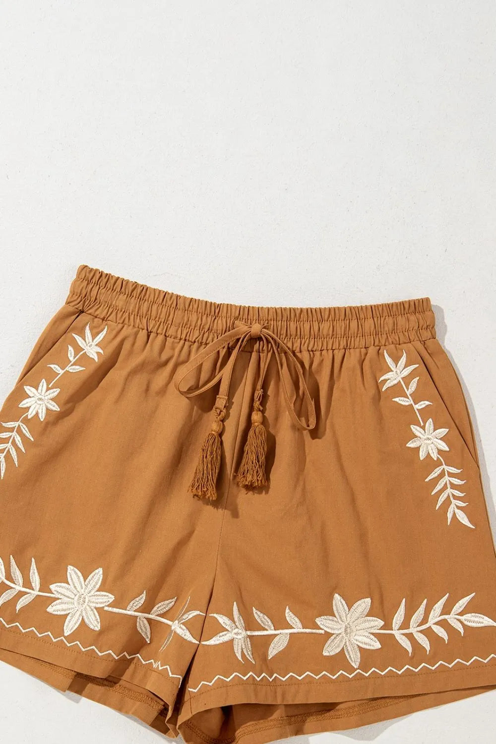Image of Embroidered Boho Tasseled Drawstring Elastic Waist Casual Shorts | Queeble.shop