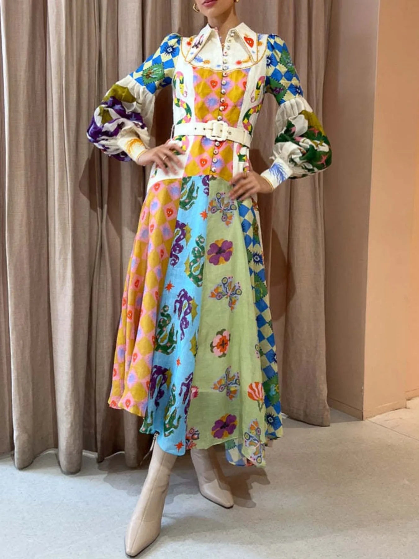 Image of Printed Lantern Sleeve Midi Shirt Dress | Queeble.shop