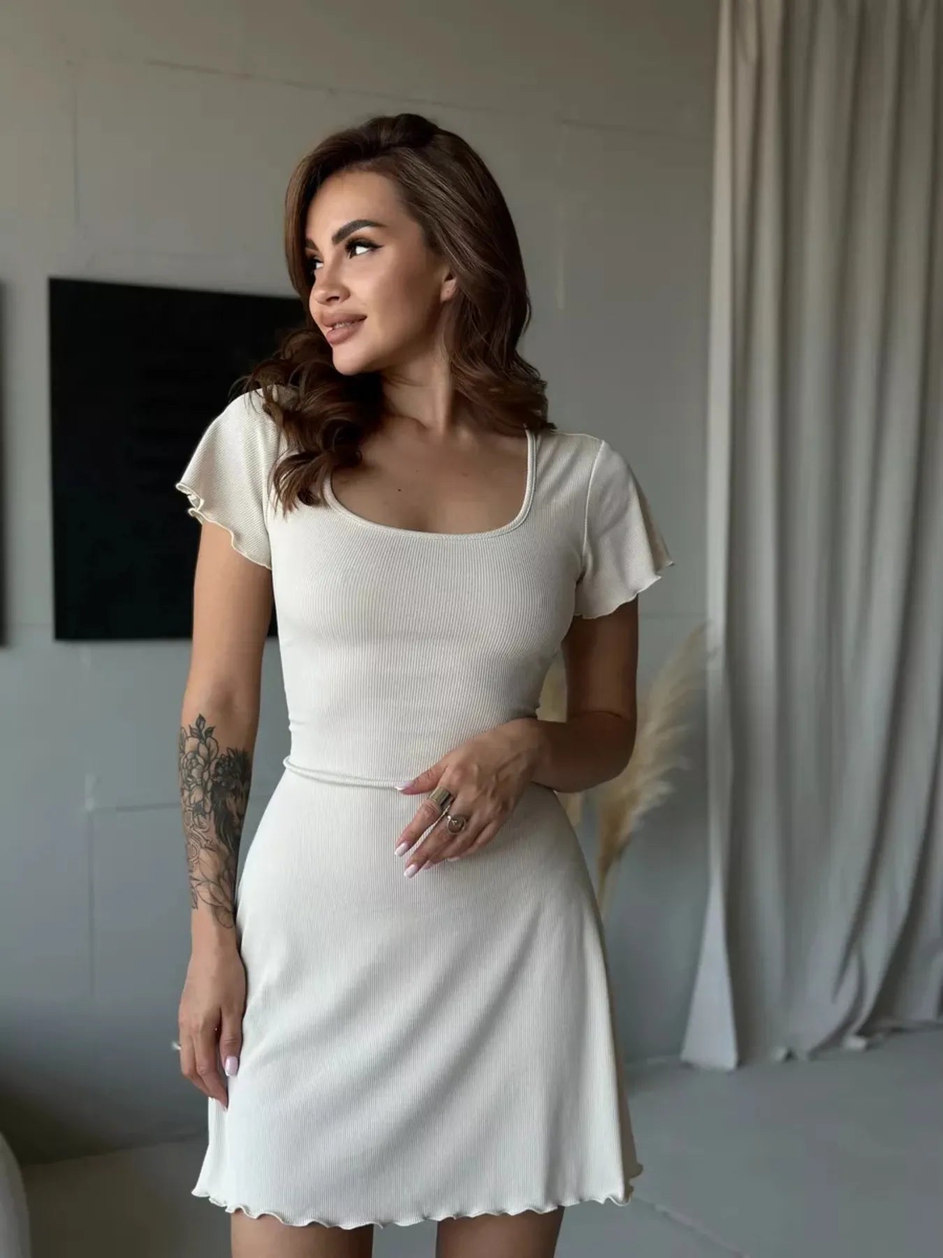 Image of Ribbed Back Lace Up Short Sleeve Mini Dress | Queeble.shop
