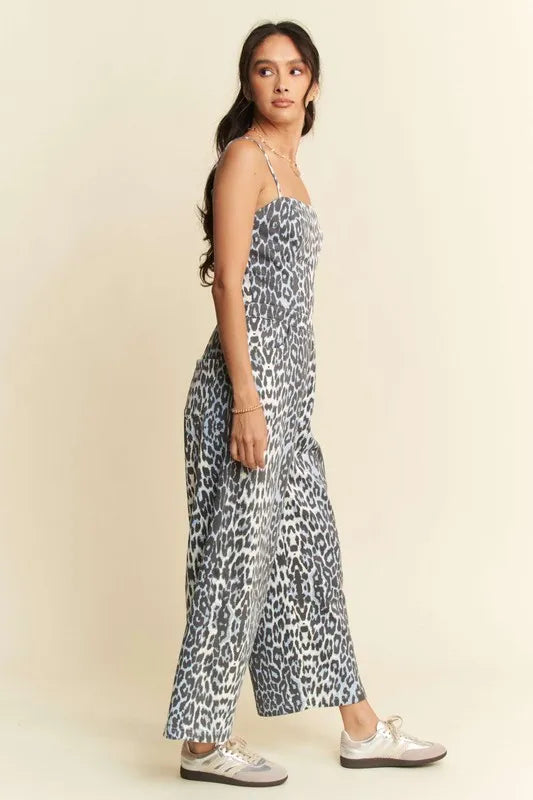 Image of Davi & Dani Leopard Spaghetti Straps Wide Leg Jumpsuit | Queeble.shop