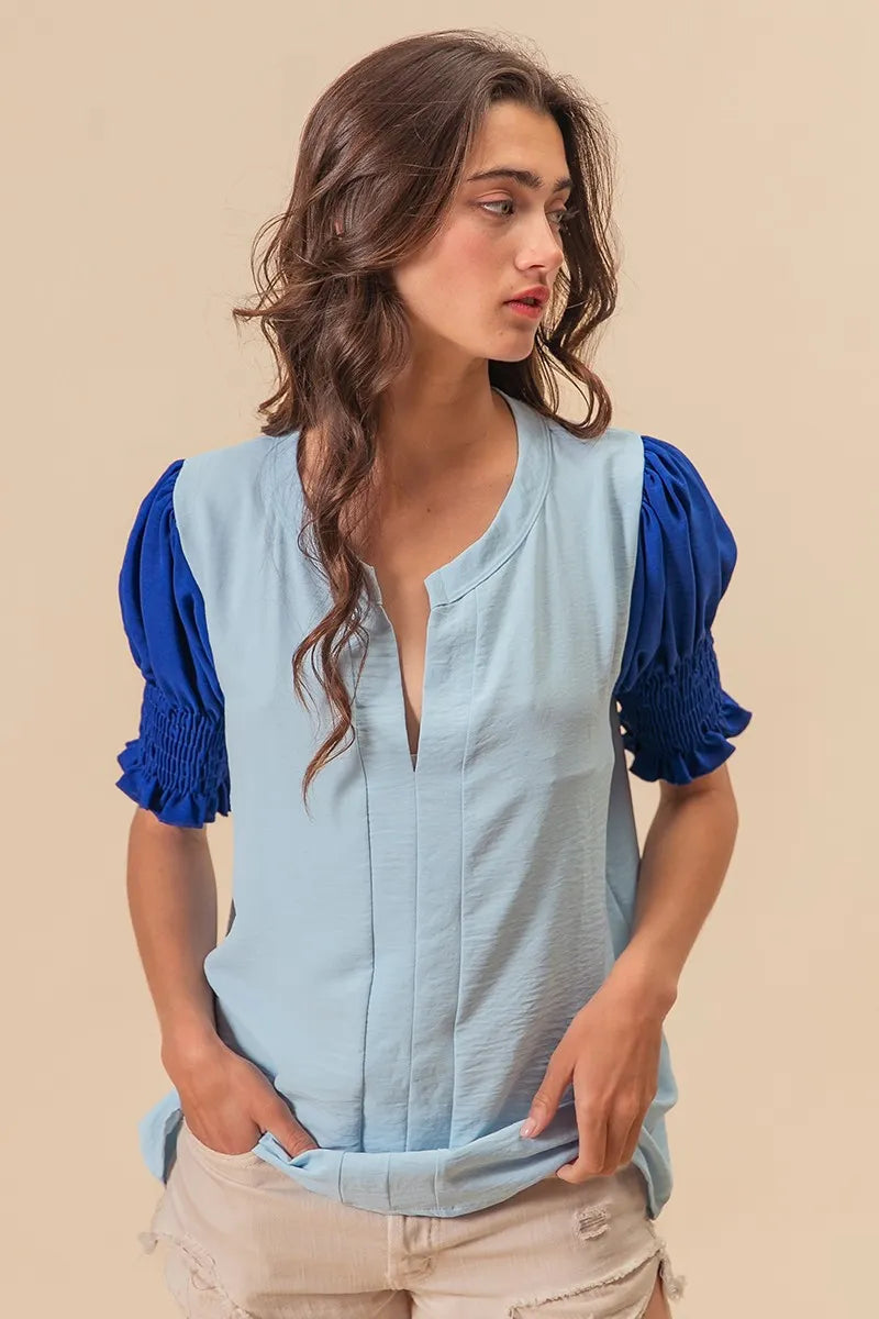 Image of BiBi Air Flow Color Block Puff Sleeves V Neck Top | Queeble.shop