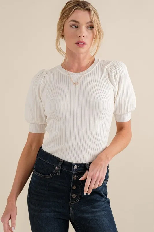 Image of And The Why Puffed Half Sleeve Rib Basic Bodysuit | Queeble.shop