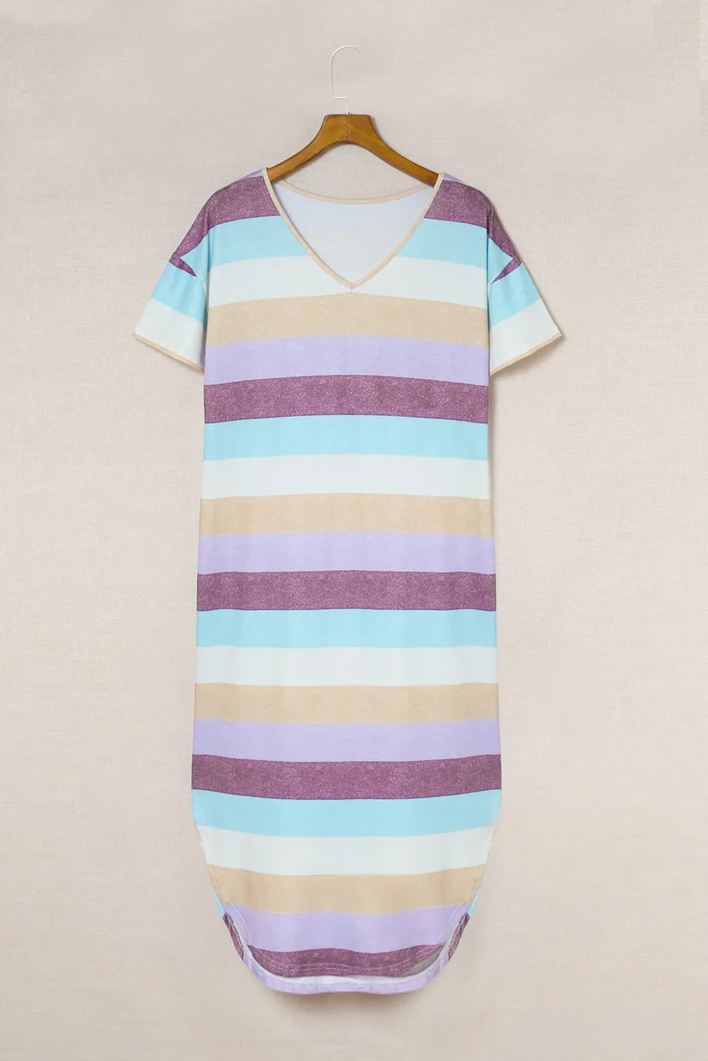Image of Striped V-Neck Curved Hem Midi Dress | Queeble.shop