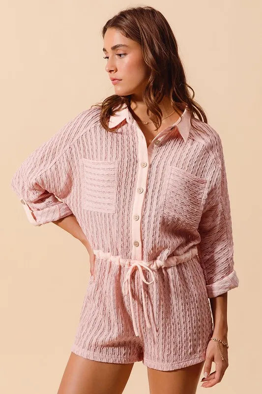 Image of SO ME Textured Knit Button Front Romper | Queeble.shop