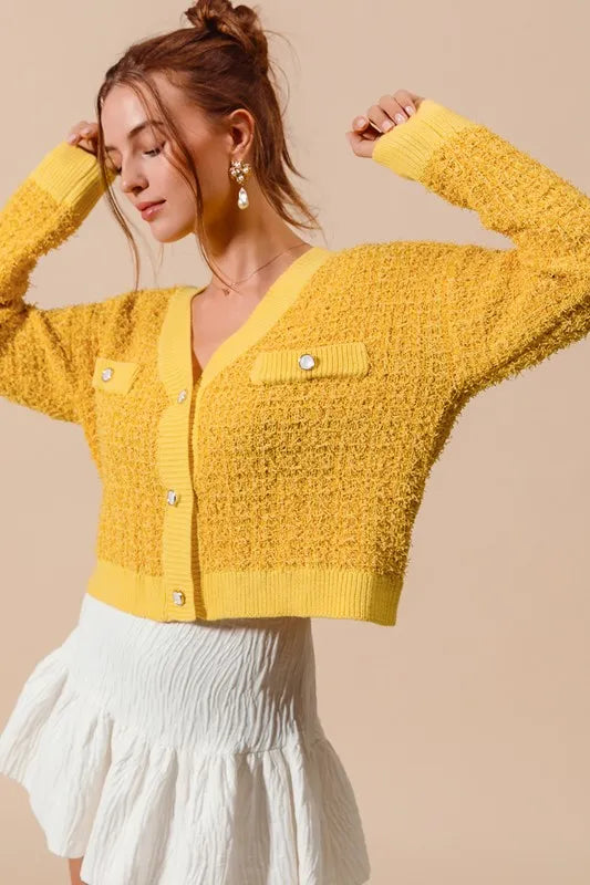 Image of SO ME Frayed Tweed Knit Buttoned Front Cardigan | Queeble.shop