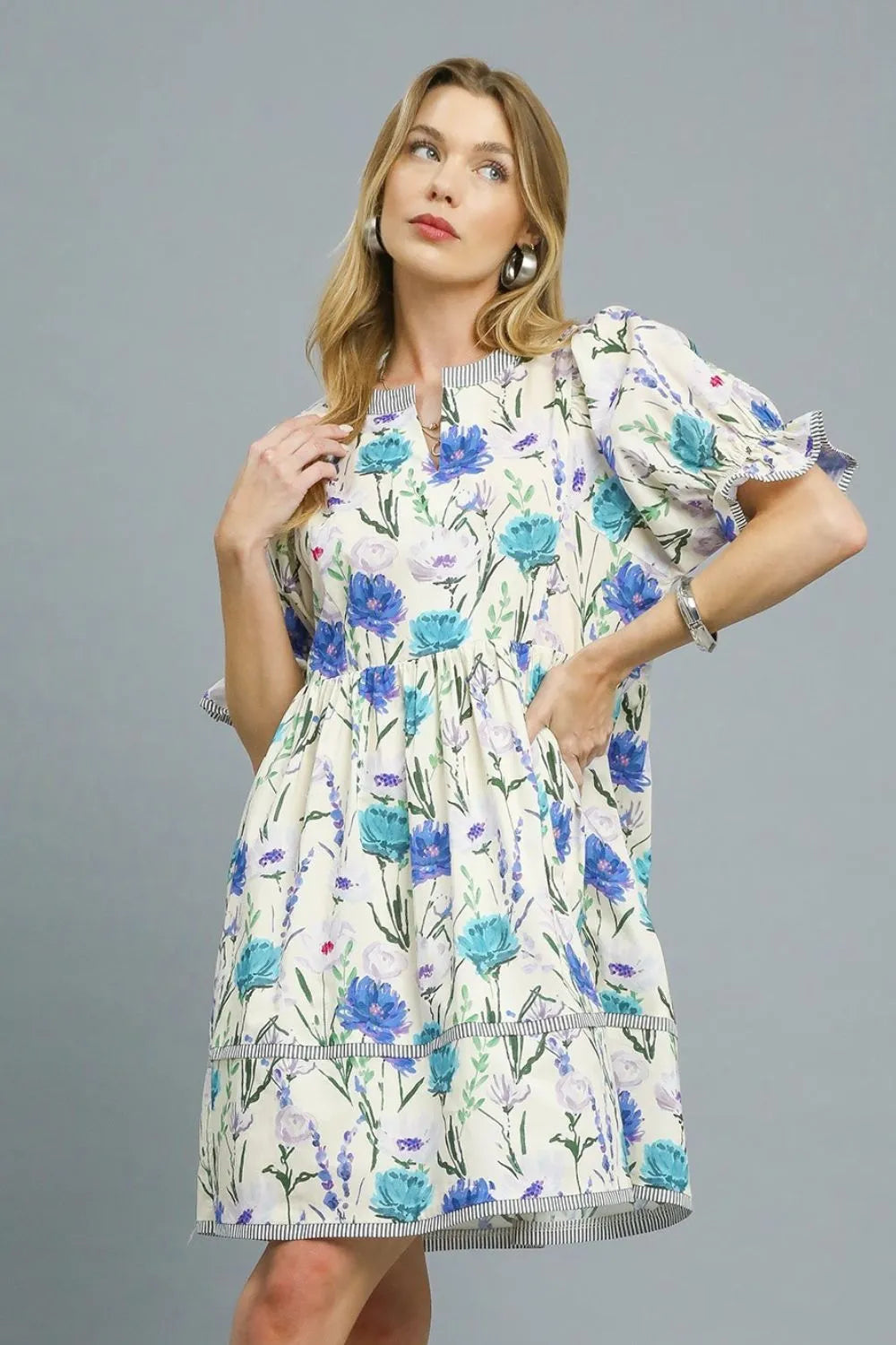 Image of Umgee BabyDoll Floral Striped Hem Mini Dress | Queeble.shop