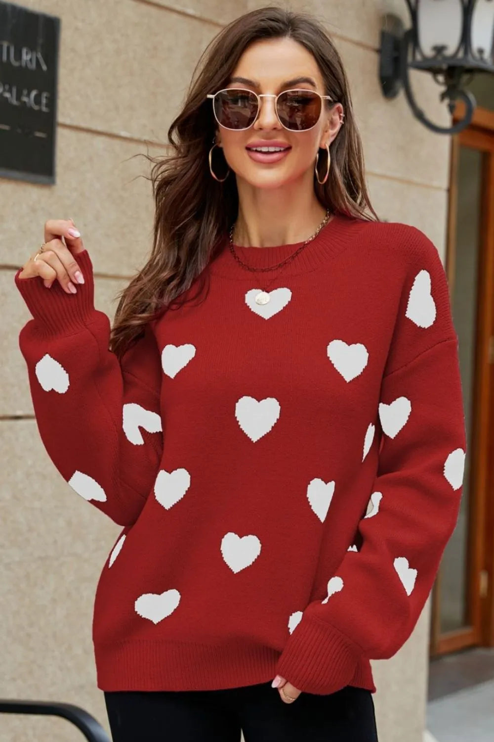 Image of Woven Right Heart Pattern Lantern Sleeve Round Neck Tunic Sweater | Queeble.shop