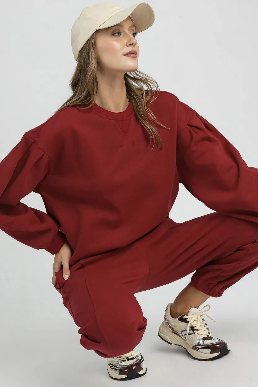 Image of Umgee Round Neck Sweatshirt with Pleated Detail | Queeble.shop