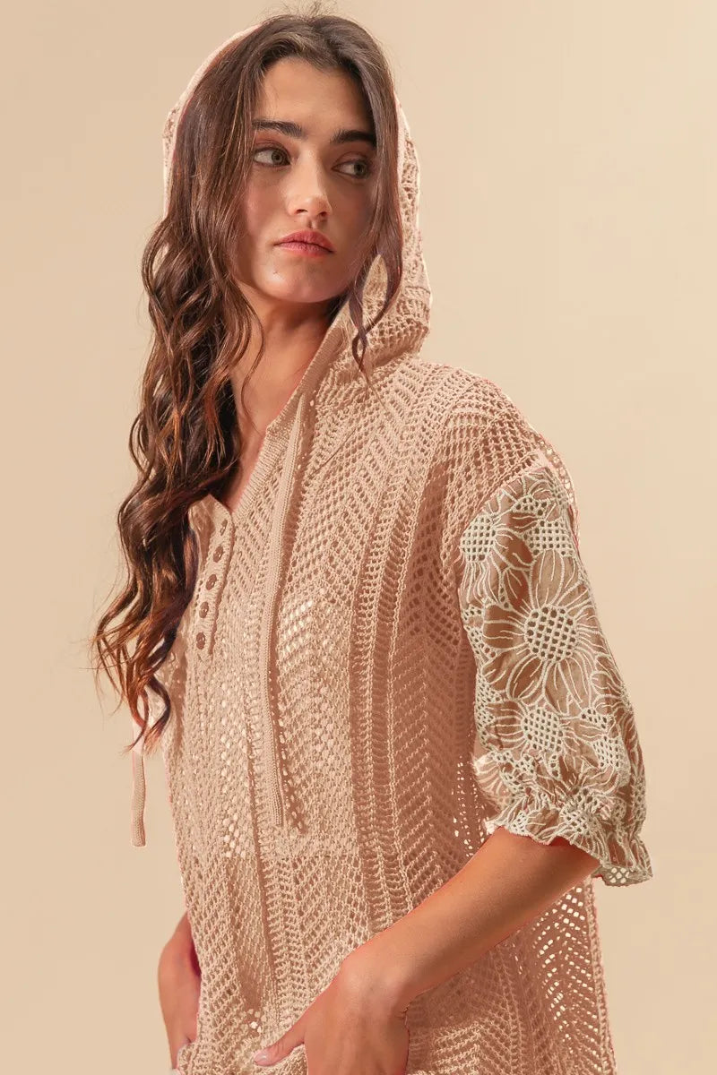 Image of BiBi Jacquard Flower Puff Sleeve Hooded Knit Top | Queeble.shop