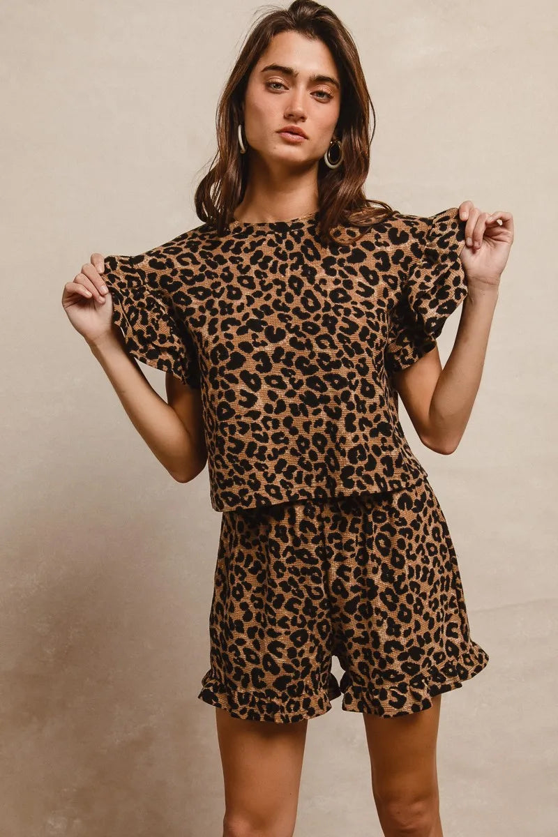 Image of BiBi Leopard Print Waffle Texture Layered Ruffle Sleeve Top and Shorts Set | Queeble.shop