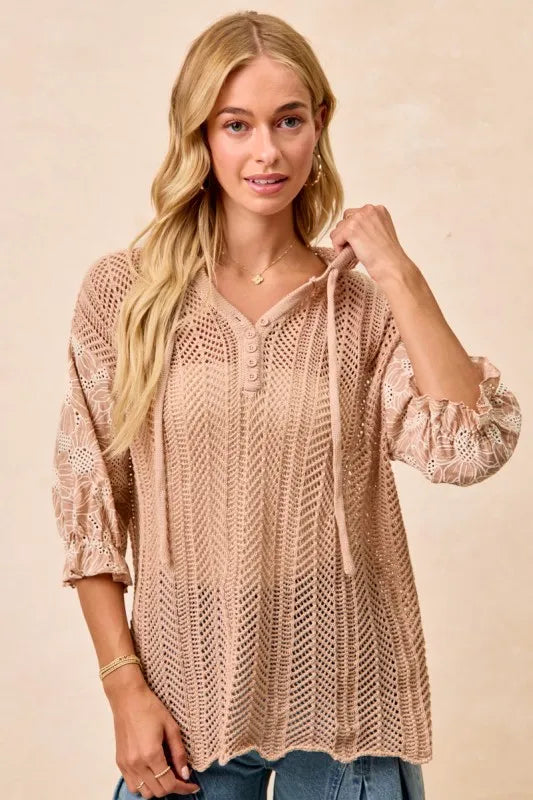 Image of BiBi Jacquard Flower Puff Sleeve Hooded Knit Top | Queeble.shop