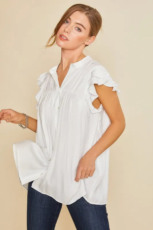 Image of Annie Wear Ruffle Sleeve Shirred Flowy Woven Tunic Shirts | Queeble.shop