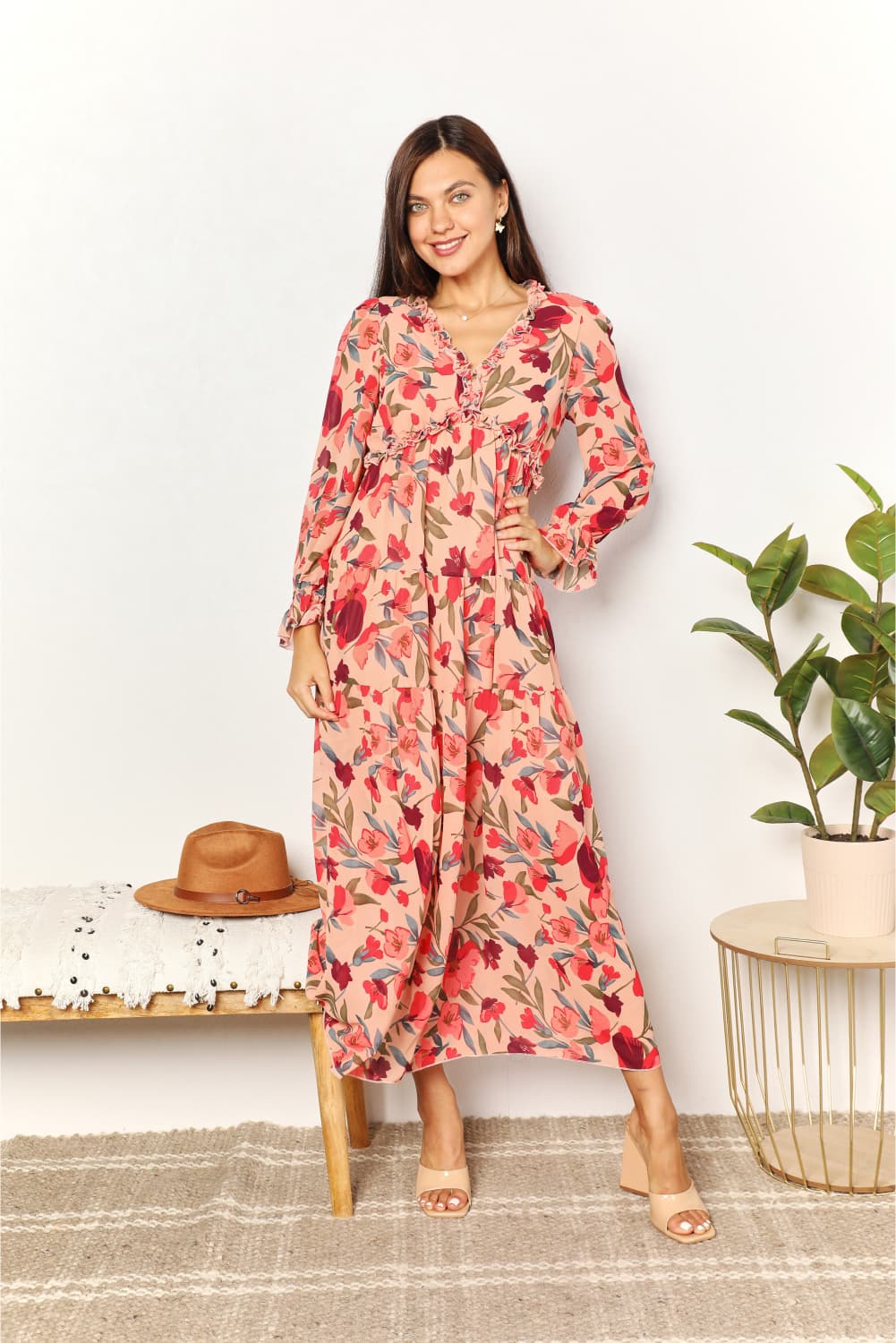 Image of Double Take Floral Frill Trim Flounce Sleeve Plunge Maxi Dress | Queeble.shop