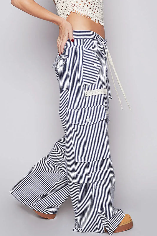 Image of POL Striped Wide Leg Pants with Cargo Pockets | Queeble.shop