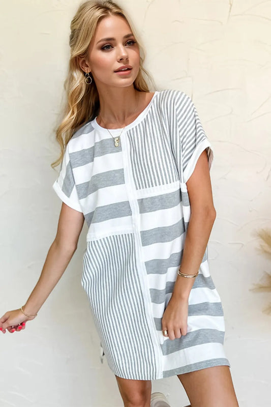 Image of Oh Full Size Striped Round Neck Short Sleeve Mini Tee Dress | Queeble.shop
