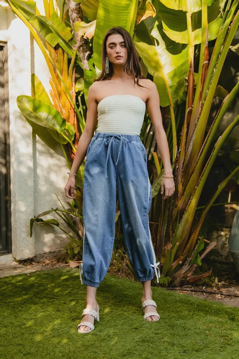 Image of BiBi Striped Tape Details With Bot Tied Point Elastic Waist Jeans | Queeble.shop