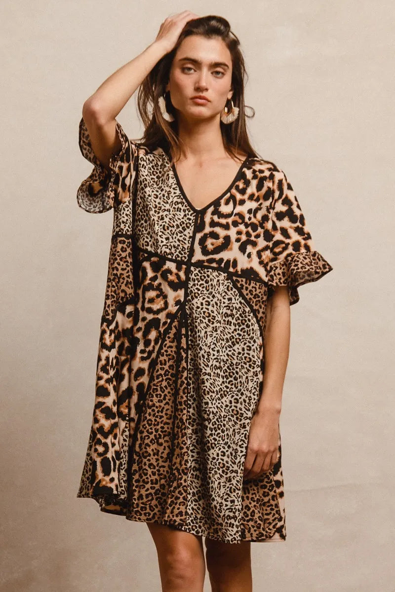 Image of BiBi Leopard Prints Mix and Match Short Sleeves Dress | Queeble.shop