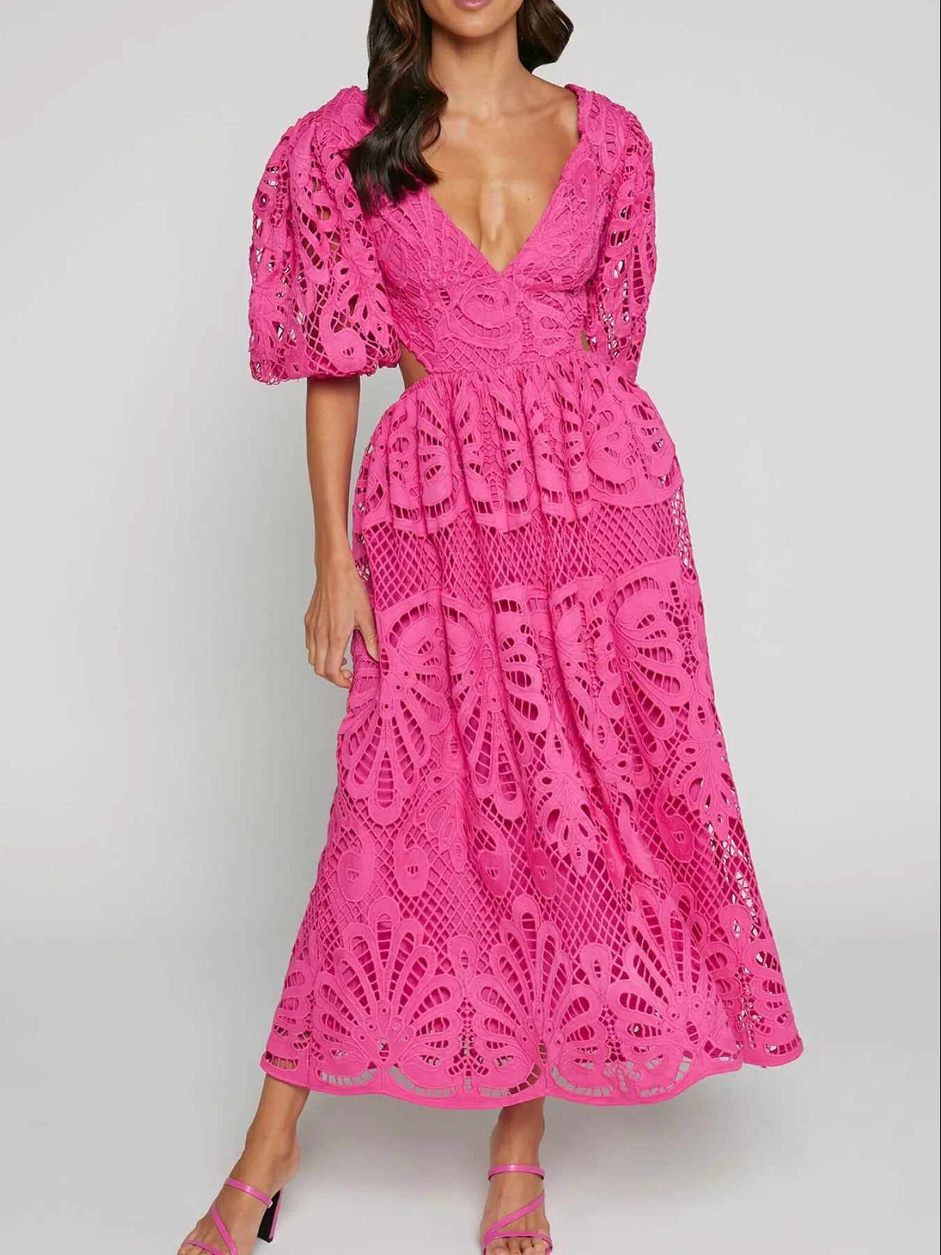 Image of Cutout Back Lace Crochet V-Neck Dress | Queeble.shop