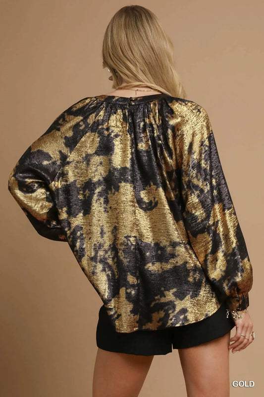 Image of Umgee Metallic Fabric Blouse with Balloon Sleeves | Queeble.shop