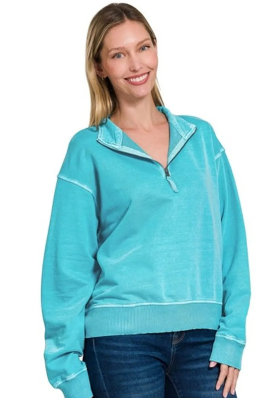 Image of Zenana F/terry Pigment Dye & Enzyme Washing Half Zip Top | Queeble.shop