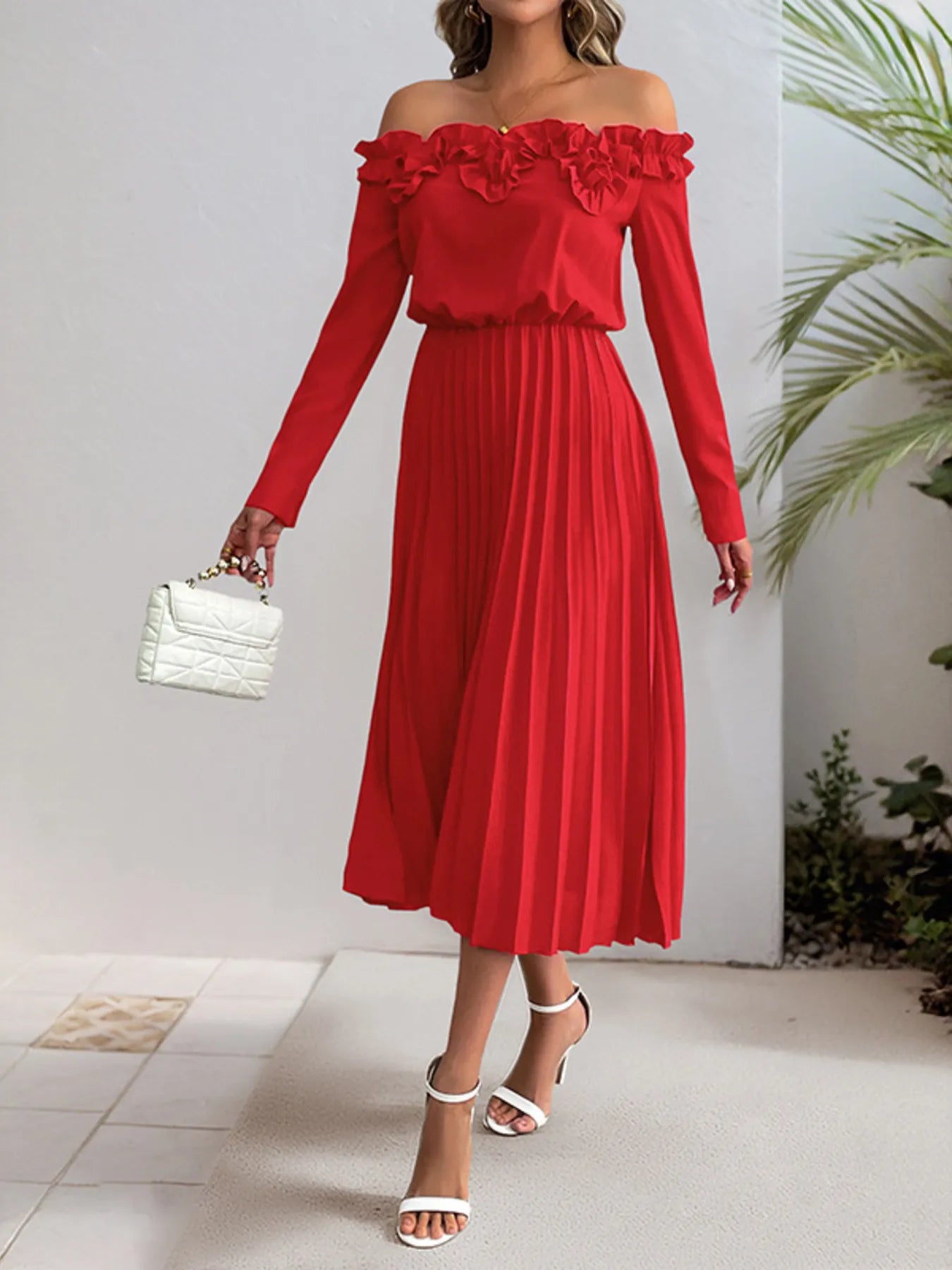 Image of Off-Shoulder Ruffle Pleated Midi Dress | Queeble.shop