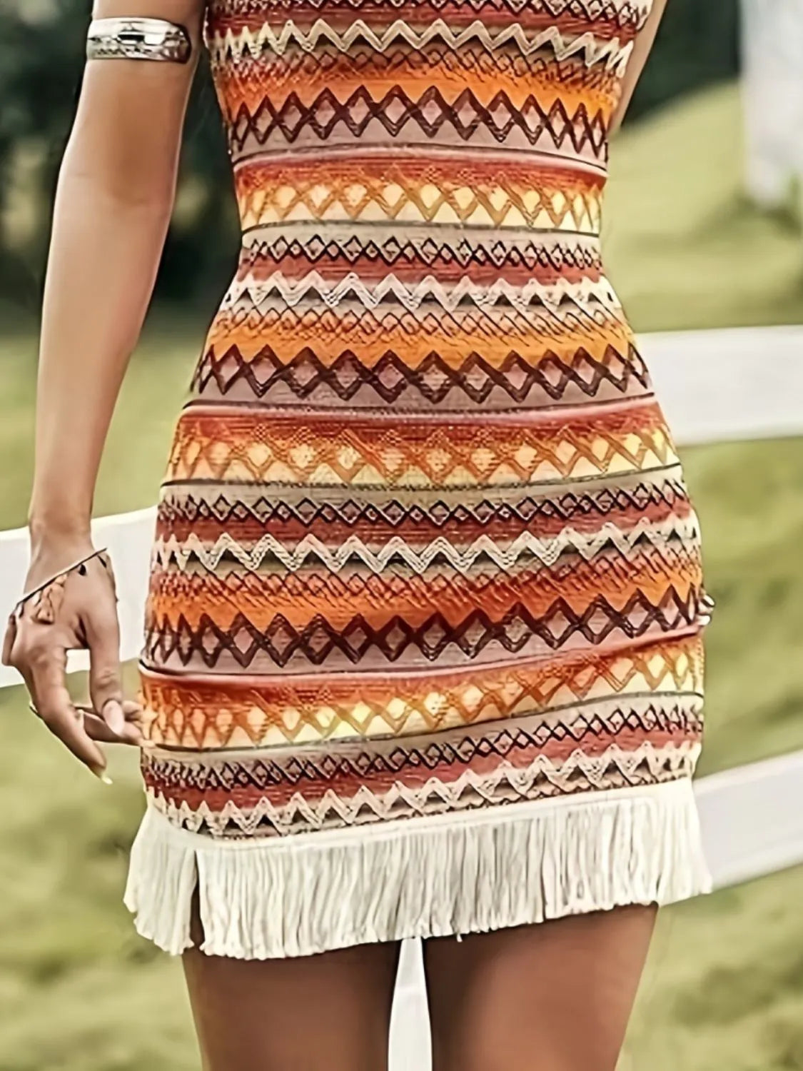 Image of Fringe Grecian Neck Mini Dress | Queeble.shop