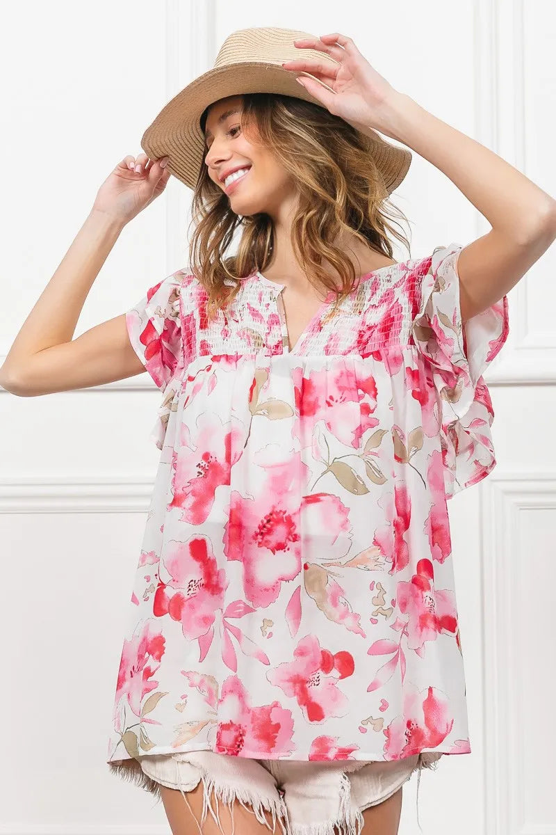 Image of BiBi Floral Print Flutter Sheer Top | Queeble.shop